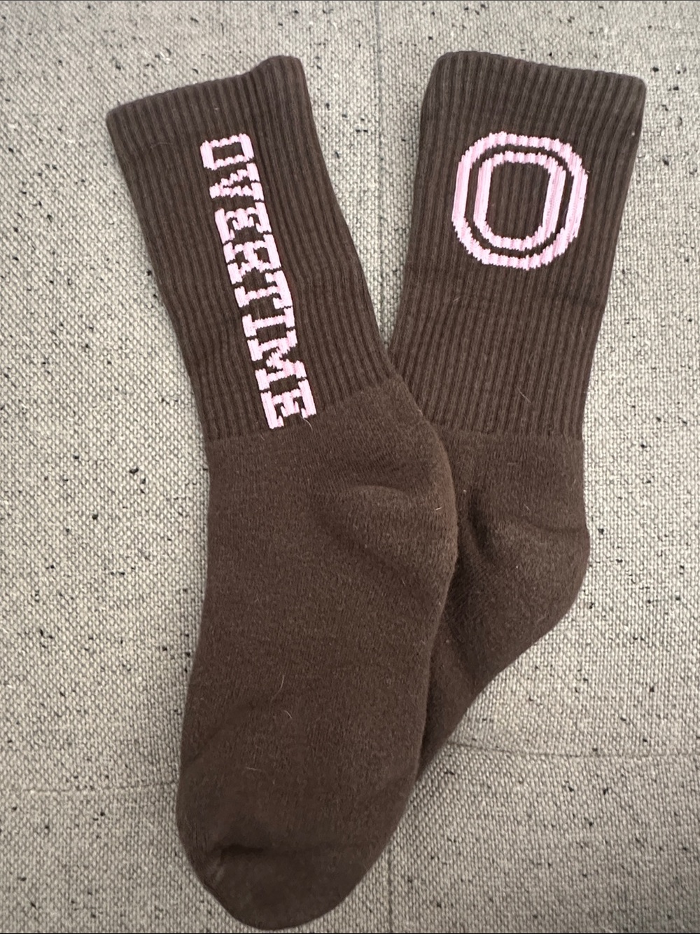 Overtime Brown Crew Socks with Pink 'O' and Text